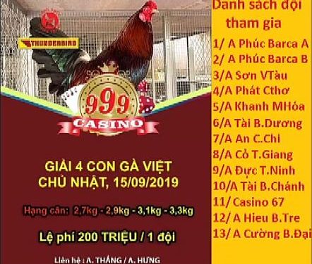Xem Đá Gà Trực Tiếp “Giải 4 CON GÀ VIỆT” ngày 15/9/2019